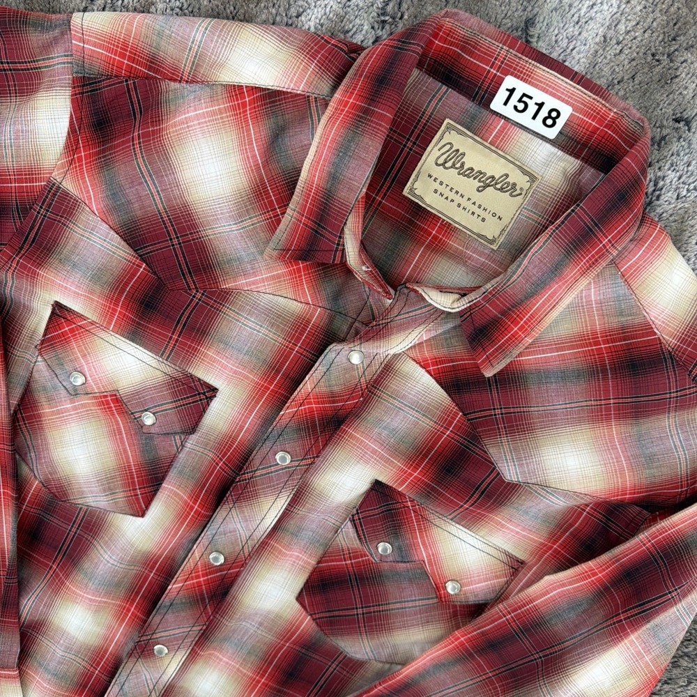 Vintage Wrangler Pearl Snap Shirt Mens Large Sawtooth Red Plaid Western Rodeo